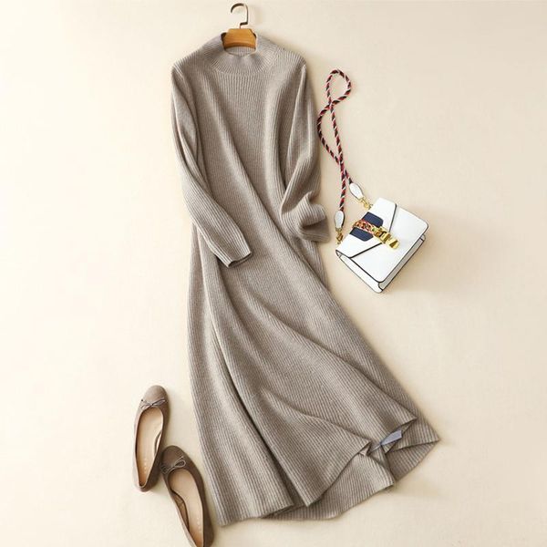 

casual dresses elegant women winter warm 100% cashmere knitted dress long, Black;gray