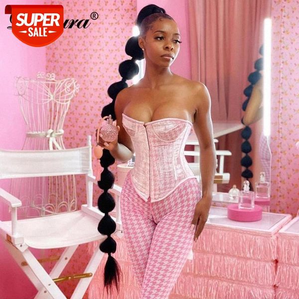 

Dulzura Houndstooth Women Corset Set 2 Pieces Satin Bustier Top High Waist Pants Bodycon Sexy Elegant Streetwear Party Matching #Xp1m, White