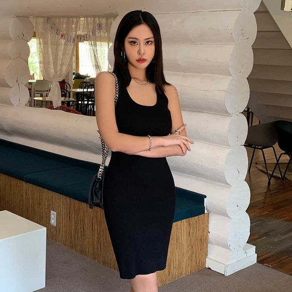 

korean summer dress slim knitted women vest bag hips 210603, Black;gray
