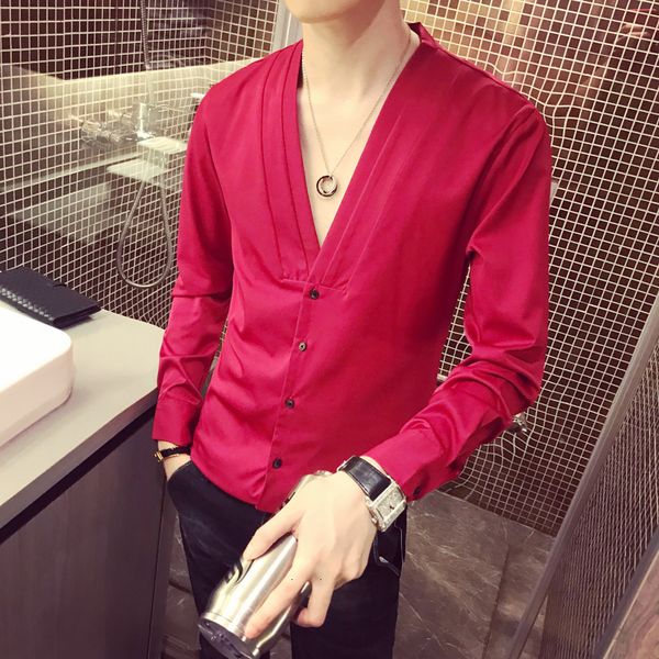 

2021 with shirt-cleavage solid color long casual sleeve thin suit shirts man's dress blouse chemise homme vneu, White;black