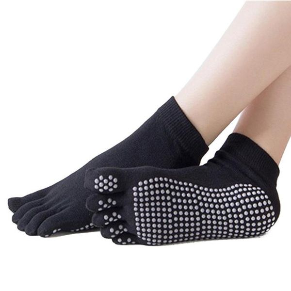 

sports socks 2pcs women yoga anti-slip massage five fingers dance ballet gym fitness pilates cotton breathable, Black