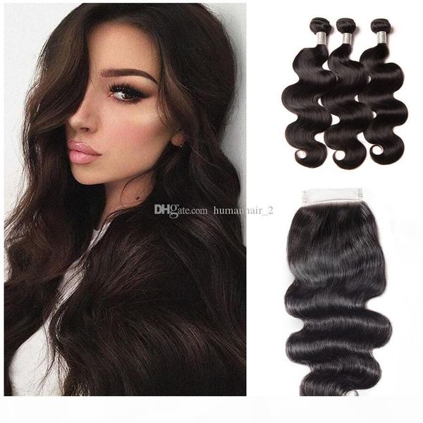 

peruvian virgin hair 3 bundles with lace closure 4pcs lot body wave hair with lace closure natural color body wave human hair, Black;brown