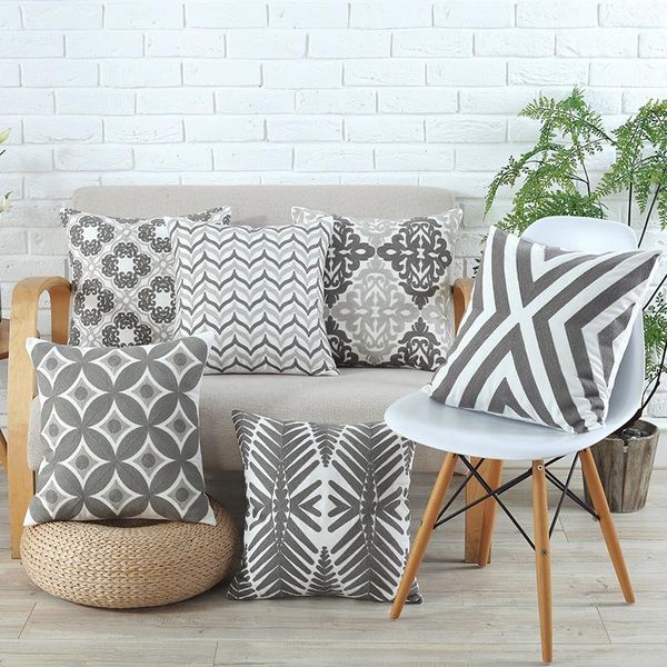 

cushion/decorative pillow home decor emboridered cushion cover grey pink geometric canvas cotton suqare embroidery 45x45cm