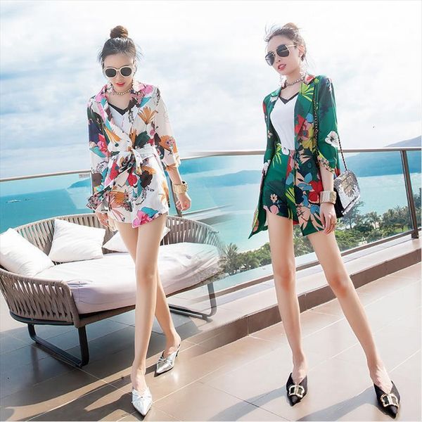 

summer floral printing work women tracksuits suits ol piece set elegant fashion blazer jacket and shorts office ladies suit, Gray