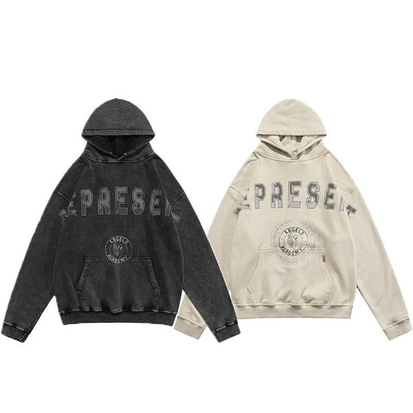 

men's hoodies & sweatshirts tide card represent angel college logo lettered print vintage street hoodie pullover for men women, Black