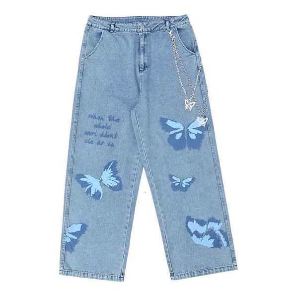 

men's jeans calÃ§as jeans casuais masculinas para hip hop, estampa grafite borboleta, decoraÃ§Ã£o corrente metal, reto, vintage, tamanho q, Blue