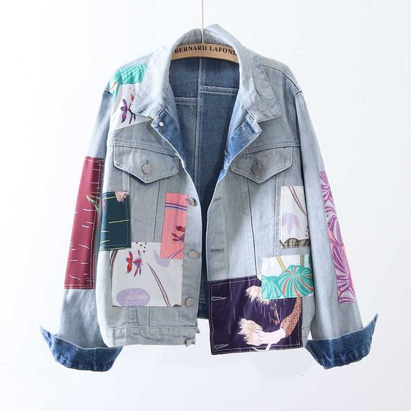 

ewq] autumn winter new fashion trend ladies denim jacket student patch printing casual oversize coats light blue 16q547 201013, Black;brown