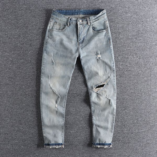 

2021 new slim trend british men's pants with holes small feet four seasons fashion capris jeans trouser 0806 6jms, White;black