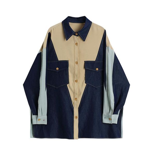 

women's jackets superaen denim patchwork medium length shirt retro autumn full loose slim fashion coat women, Black;brown