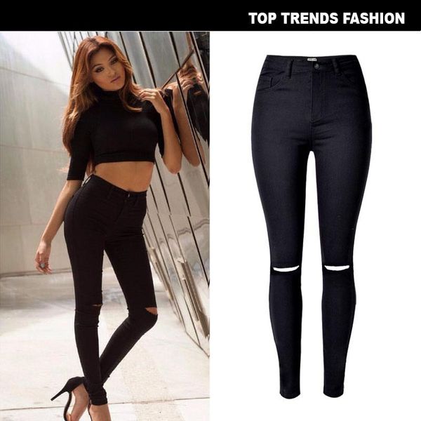 

high waist slim fit elastic denim knee hole leggings, Blue