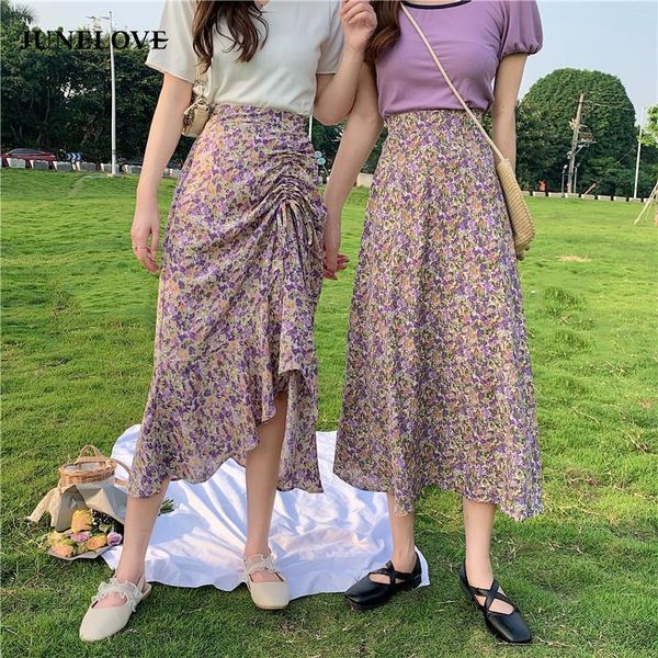 

skirts junelove vintage floral print ruffle pleated long skirt summer women korean streetwear drawstring elastic waist midi, Black