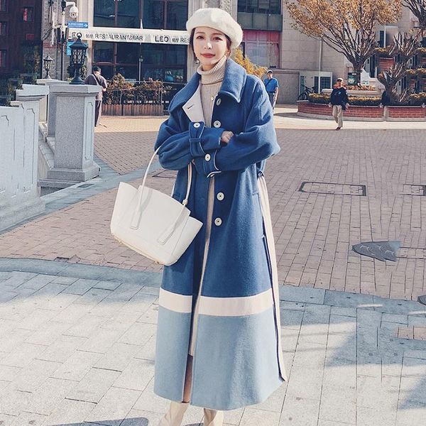 

women's wool & blends [ewq] 2021 winter contrast color woolen coat female long sleeve single breasted bangage coats fashion 2w1472, Black