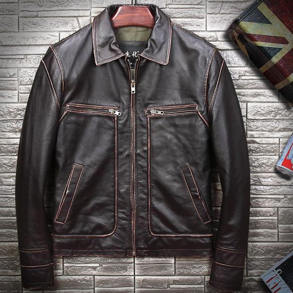 

men's leather & faux dhl vintage motorcycle cowhide jacket large size soft thick cow biker jackets spring autumn coats, Black