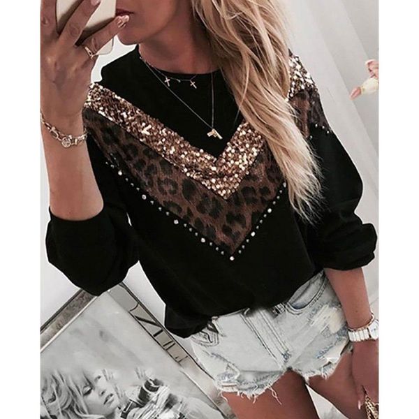 

leopard sequins patchwork shirt women regular autumn long sleeve blouse ladies o neck tee shirt female winter casual camisa d30, White