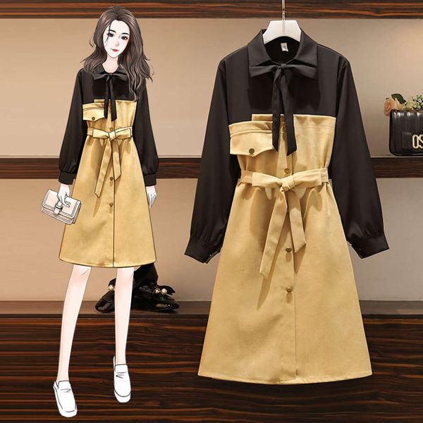 

large size women's autumn dress slightly fat sister foreign style waist reduction age show thin cover belly temperament fake two shirt, Black;gray