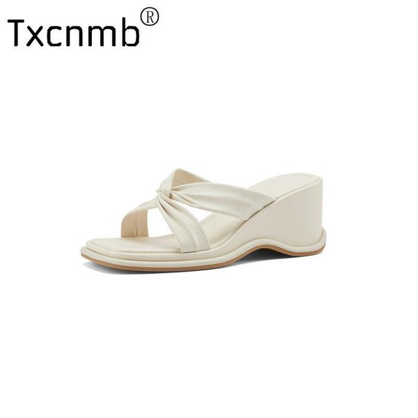 

slippers txcnmb 2021 women fashion brand slipper wedges high heel classics strap sandal ladies elegant summer bohemian pumps slides, Black