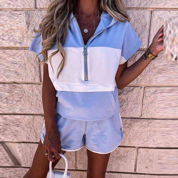 

summer short sleeve hooded womens hoodies suits patchwork hit color women shorts sets streetwear ladies 2 pieces set, Gray