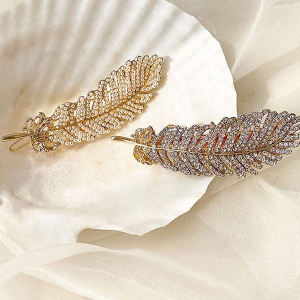 

fashion side feather hairpin gold color simulation pearl hair clip back head clip simple female headpiece xh, Golden;silver