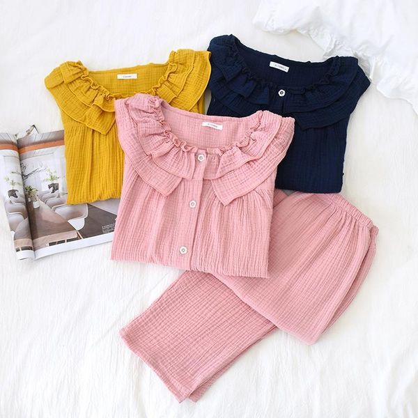 

womens new casual round neck pajamas three quarter 100% cotton solid crepe pajama set woman sleepwear loungewear home clothes, Black;red