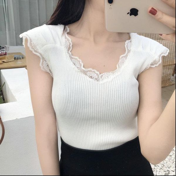 

tank womens camis for women summer sleeveless t shirt patchwork lace v neck solid stretchy knitwear female, White