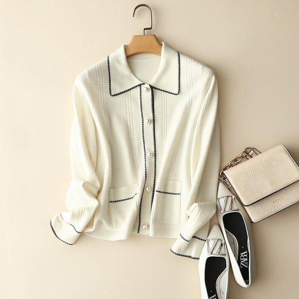 

women's knits & tees europe fashion worsted 16 gague 100% wool neck cardigan pearl buttons sweater coat warm chic long sleeve knitwear, White