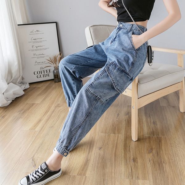 

2021 new high hallen woman plus size street style elastic waist denim pants cotton vintage washed boyfriend jeans y511 tmvj, Blue