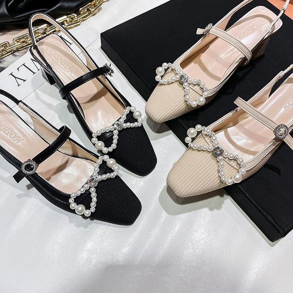 

sandals female sandal square toe med 2021 women's shallow mouth bow shoes girls medium closed beige comfort fashion real pearl, Black