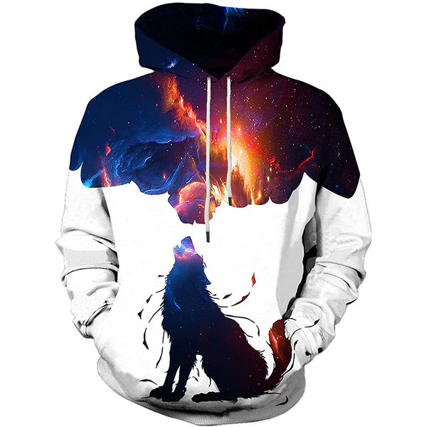 

looking up wolf 3d printing hoodie visual impact party punk goth round neck american sweater hoodie, Black