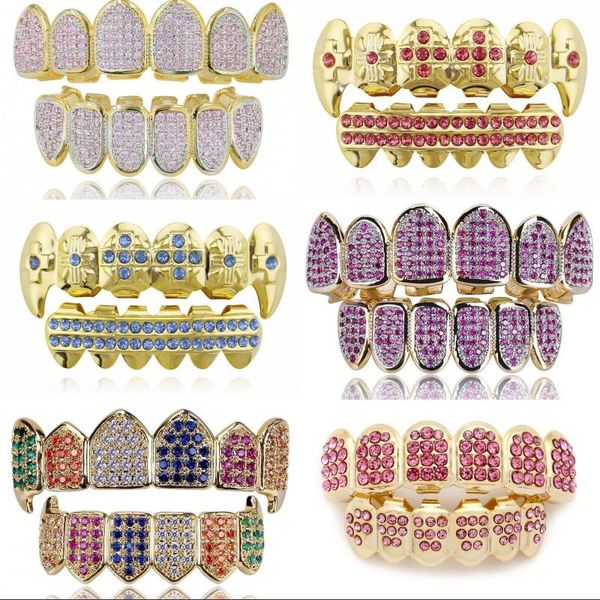 

18K Real Gold Punk Hiphop Multicolor CZ Zircon Vampire Teeth Fang Grillz Diamond Grills Braces Tooth Cap Rapper Jewelry for Cosplay, Black