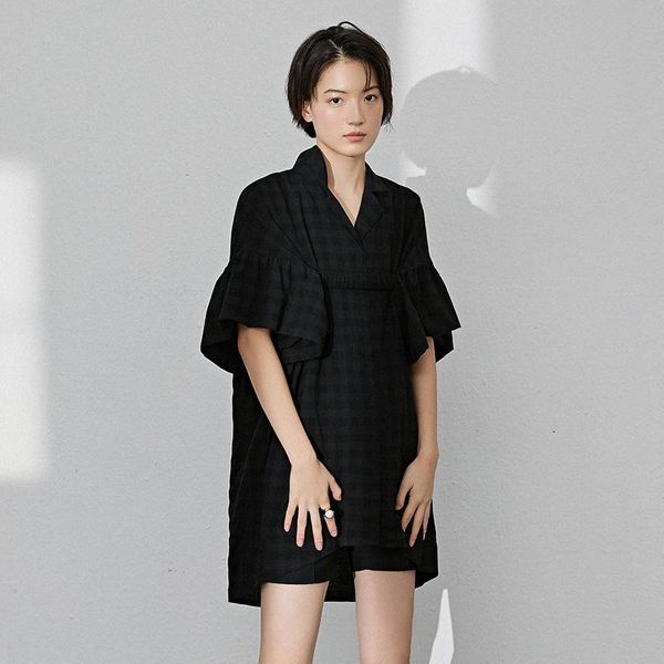 

women's blouses & shirts vanessa liu design dark plaid shirt women 2021 summer 5-point lotus leaf sleeve loose, White