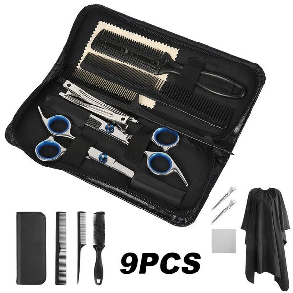 Tesoura de cabelo 9 pçs / set Hairdressing Scissor Profissional Corte Definido Barbear Haircut Finning Clips Clips Salão Estilo Acessórios