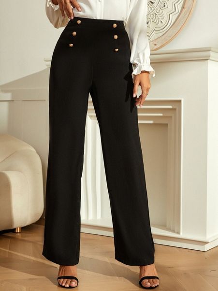 

high waist button detail pants e0dq#, Black;white