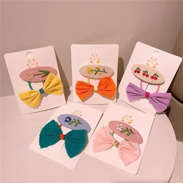 

hair accessories 2 pcs sweet girl princess fabric bow rubber band rope headdress fashion children's cute embroidery flowers bb clip, Slivery;white