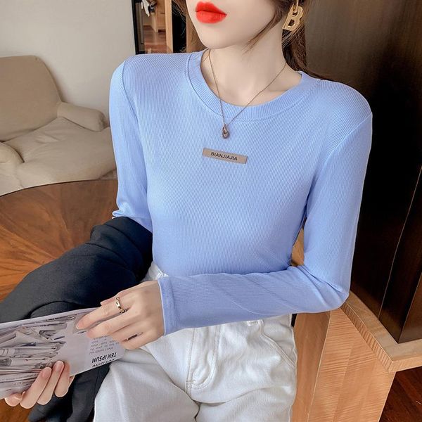 

women's t-shirt t shirt women 2021 spring casual long sleeve korean style woman clothes slim basic cotton tshirt female blue white
