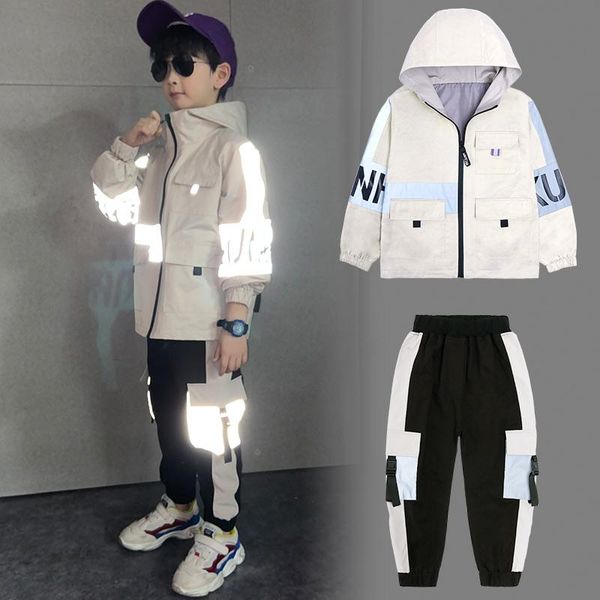 

clothing sets boys glitter lighting fashion street wear hip hop clothes kids tracksuits trench coat+pants baby windbreaker, White