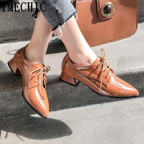 

dress shoes ymechic 2021 fashion pointed toe pumps women heels black brown chunky medium heel lace up ladies