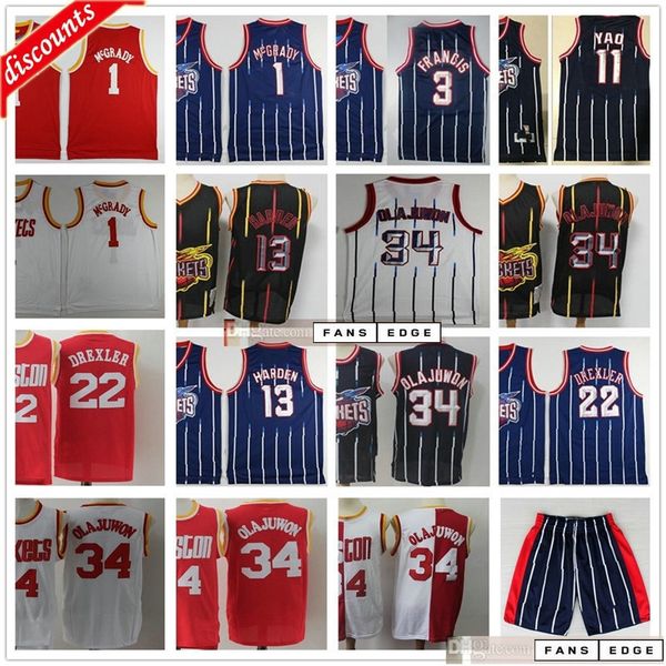 

retro vintage basketball james 13 harden jerseys hakeem 34 olajuwon tracy steve mcgrady francis yao clyde ming drexler quality, Black;red