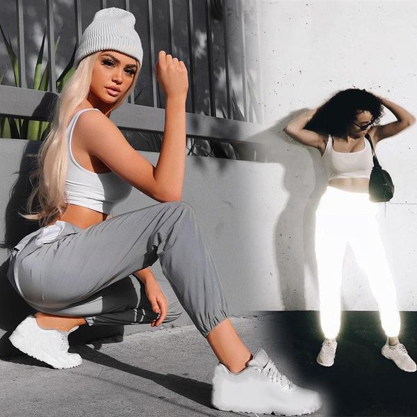 

women's pants & capris reflective streetwear harem casual hip hop elastic waist ladies fashion beam foot 2021, Black;white