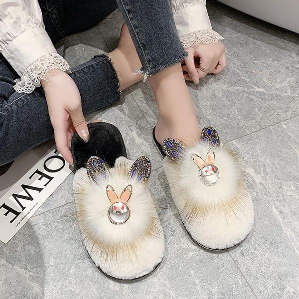 

slippers 2021 women's fuzzy rhinestone soft plush cozy warm house shoes womens women, Black