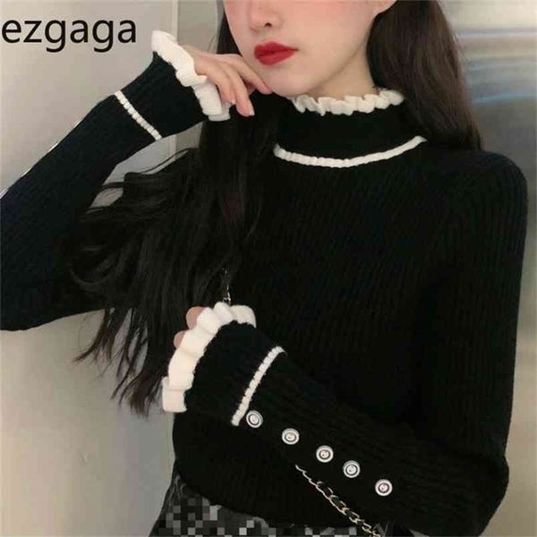 

ezgaga basic sweater pullover women winter korean turtleneck vintage patchwork ruffles button sweet base knit fashion 210806, White;black