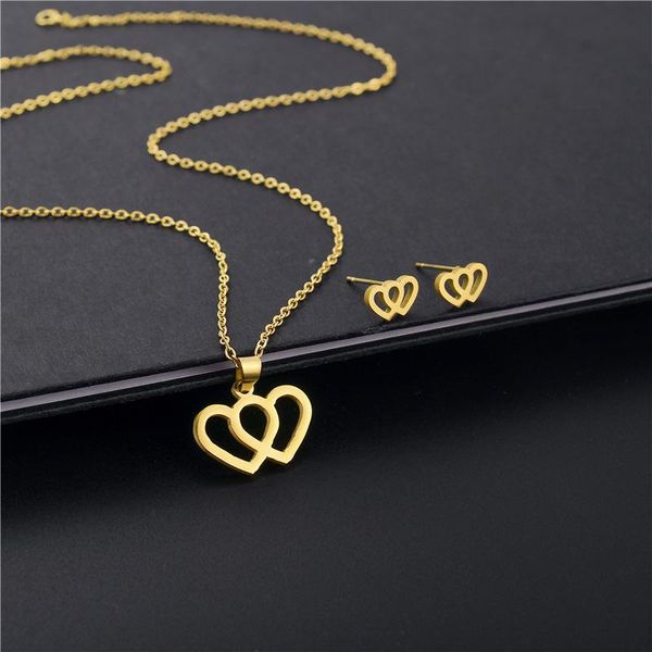 

earrings & necklace femme party jewelry women gold color stainless steel hollow double heart necklaces pendants friend set mother gift, Silver