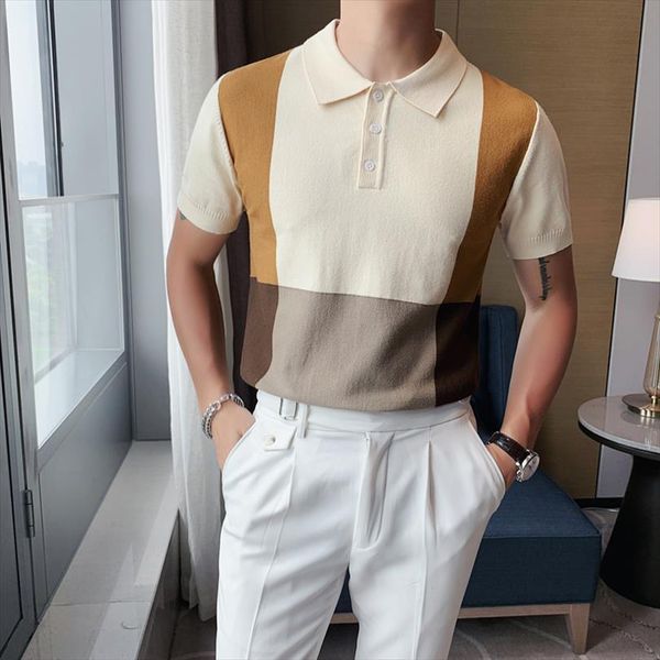 

british style summer short sleeve men polos knitted shirts clothing fashion patchwork color breathable ice silk casual tees, White;black