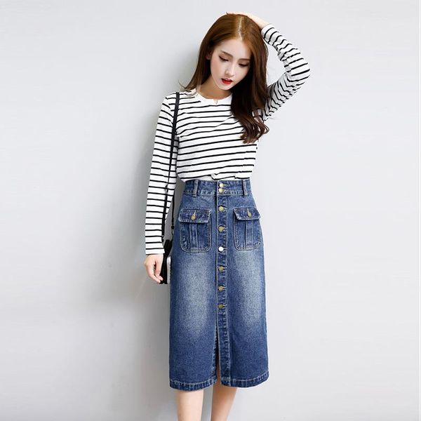 

skirts women'skirt female autumn long bag hip split fork a word skirt high thin denim women, Black