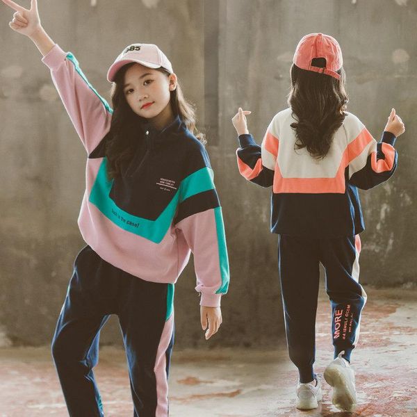 

girls sport clothes patchwork sweatshirt+pants 2 pcs teenage clothes o-neck baby girls set autumn casual suit for, White