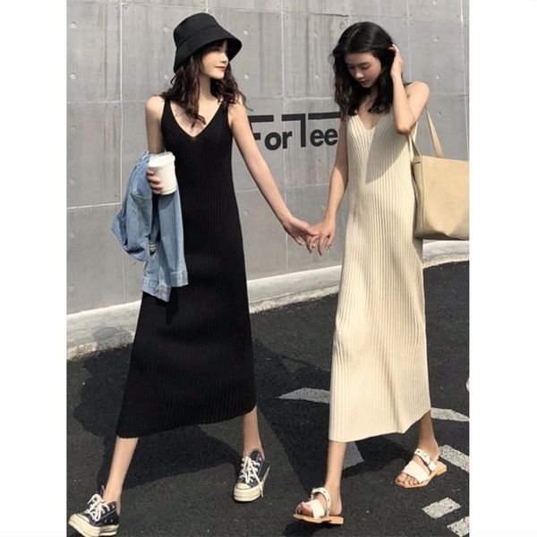 

solid vintage dress for women v collar sleeveless spaghetti strap high waist slim dresses female 2020 summer fashion new, Black;gray
