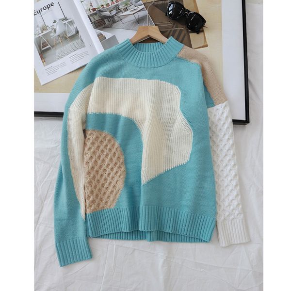 

2021 multicolor patchwork knit sweater women simple autumn and winter long sleeve new o-neck jumper knitwear qpf1, White;black