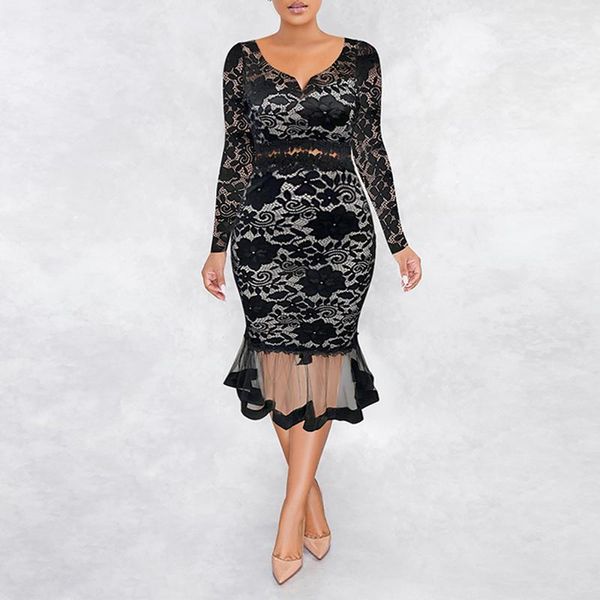 

casual dresses long sleeve v neck slim fishtail lace dress women party elegant embroidered hollow out white, Black;gray