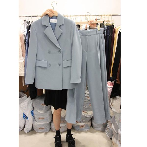 

women's two piece pants women outfits fashion double-breasted loose casual suit female professional temperament, White