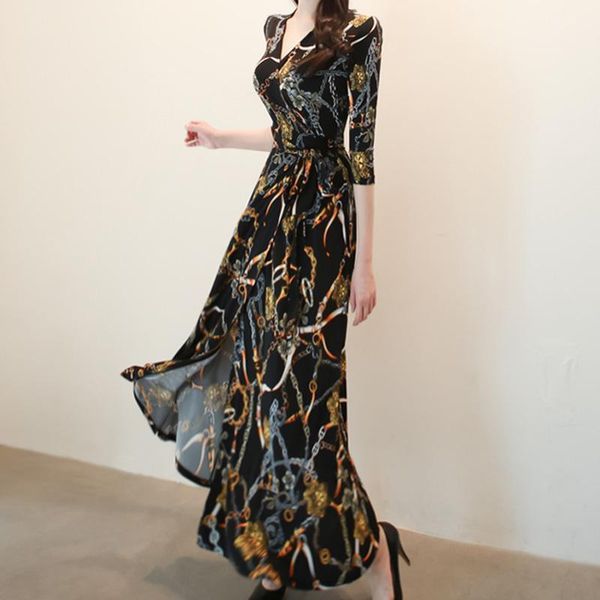 

v-neck vintage bohemia print vestidos sashes high waist swing casual maxi long holiday dresses for women vestido feminino, Black;gray