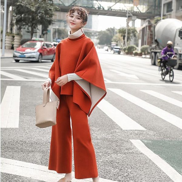 

women's two piece pants 2 set 2021 fashion cashmere knitted women thick turtleneck cloak pullover sweater + wide leg warm suit, White